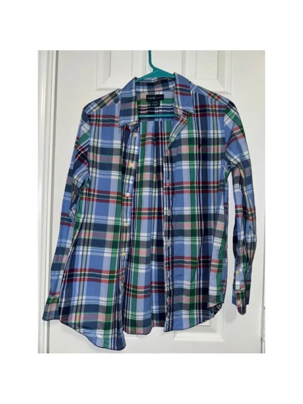 Boys Ralph Lauren Plaid Button Down Shirt Size L 14-16 Blue Green Preppy